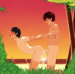 Rule 34 | 2boys, anal, beach, gaara (naruto), highres, lybellulla, male focus, male penetrated, multiple boys, naruto, naruto (series), nude, outdoors, public indecency, red hair, restrained, rock lee, sex, tan, tanline, yaoi