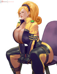 Rule 34 | 1girl, biker clothes, bikesuit, black bodysuit, black gloves, black hairband, blonde hair, bodysuit, breasts, brown eyes, chair, cleavage, commentary, curly hair, english commentary, gloves, hair pulled back, hairband, huge breasts, kof: maximum impact, lien neville, lips, long hair, no bra, nose, paid reward available, plunging neckline, rejean dubois, sitting, solo, swept bangs, the king of fighters, two-tone bodysuit, v arms, yellow bodysuit