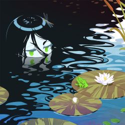 Rule 34 | 1girl, black hair, bug, dragonfly, eye contact, flower, frog, frown, green eyes, half-closed eyes, halphelt, bug, insect on head, lily pad, long hair, looking at another, lotus, original, partially submerged, reeds, solo, very long hair, water
