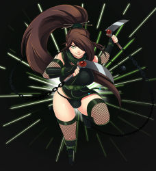Rule 34 | 1girl, armor, ball and chain (weapon), black panties, breasts, brown hair, bulge, chain, character request, dual wielding, female focus, fishnet thighhighs, fishnets, greaves, green eyes, greenmarine, hair ornament, hair over one eye, hair stick, highres, holding, implied futanari, incoming attack, japanese clothes, kama (weapon), large breasts, long hair, ninja, panties, ponytail, scarf, sickle, simple background, skindentation, smile, solo, speed lines, striped, striped background, thighhighs, underwear, very long hair