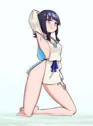 Rule 34 | 1girl, black hair, blue ribbon, breasts, dress, fate/grand order, fate (series), japanese clothes, jewelry, liveactors, long sleeves, magatama, magatama hair ornament, magatama necklace, medium hair, multicolored hair, necklace, no panties, pelvic curtain, pink hair, puffy long sleeves, puffy sleeves, ribbon, sideboob, sideless outfit, sidelocks, solo, thighs, utsumi erice, white dress