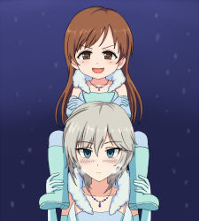 Rule 34 | 10s, 1mm, 2girls, anastasia (idolmaster), blue eyes, brown eyes, brown hair, carrying, elbow gloves, girls und panzer, gloves, idolmaster, idolmaster cinderella girls, jewelry, multiple girls, necklace, nitta minami, parody, pure white memories, voice actor connection, short hair, shoulder carry, silver hair, uesaka sumire, aged down