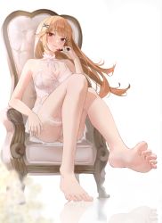 Rule 34 | 1girl, :3, absurdres, bare arms, bare shoulders, barefoot, blonde hair, blush, breasts, bridal garter, chair, cleavage, closed mouth, cosmetics, cream (cream), crown hair ornament, feet, foot focus, foreshortening, full body, hair ornament, highres, holding, holding lipstick tube, large breasts, lingerie, lipstick, lipstick tube, long hair, looking at viewer, makeup, original, po ppe, red eyes, sitting, smile, soles, solo, thigh strap, thighs, toes, underwear
