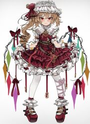 Rule 34 | 1girl, absurdres, asymmetrical wings, belt, bow, closed mouth, commentary, crystal, english commentary, flandre scarlet, frilled skirt, frills, full body, grey background, hair bow, hat, hat ribbon, highres, leg ribbon, long hair, looking at viewer, mob cap, one side up, ougiikun, red bow, red eyes, red footwear, red ribbon, red skirt, ribbon, short sleeves, skirt, smile, solo, standing, thighhighs, touhou, white hat, white thighhighs, wings, wrist cuffs