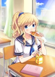 Rule 34 | 1girl, :o, bekkourico, blonde hair, blue eyes, blue sky, blush, book, classroom, collarbone, curtains, day, desk, drinking straw, eating, food, hair ornament, hair scrunchie, holding, holding food, idolmaster, idolmaster cinderella girls, indoors, light particles, light rays, long hair, looking at viewer, ohtsuki yui, open mouth, ponytail, round teeth, sandwich, school, school desk, school uniform, scrunchie, serafuku, shirt, short sleeves, sidelocks, sitting, sky, solo, sunbeam, sunlight, tareme, teeth, upper body, upper teeth only, wavy hair, white shirt, window, wrapper