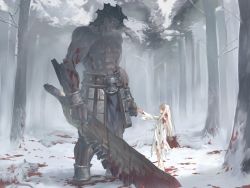 Rule 34 | 00s, 1girl, armor, belt, blade, blood, blood on clothes, bracer, club (weapon), fate/stay night, fate (series), fog, forest, game cg, giant, hatchet, heracles (fate), huge weapon, illyasviel von einzbern, loincloth, long hair, manly, nata (tool), nature, non-web source, official alternate costume, size difference, snow, sword, takeuchi takashi, weapon, white hair, winter, wolf