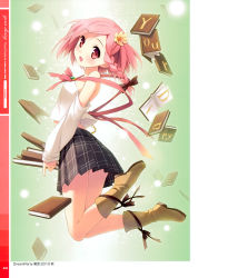 Rule 34 | 1girl, absurdres, bare shoulders, blush, book, boots, braid, flower, hair flower, hair ornament, hair ribbon, highres, jumping, kantoku, looking at viewer, looking back, open mouth, pink eyes, pink hair, plaid, plaid skirt, pleated skirt, ribbon, short hair, side braid, skirt, smile, solo, your diary, yua (your diary)
