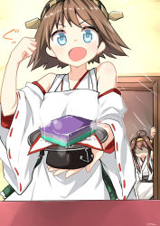 Rule 34 | &gt;:d, 10s, 2girls, :d, absurdres, ahoge, anchor symbol, apron, bad food, blue eyes, brown hair, clenched hand, detached sleeves, gift, hiei (kancolle), highres, hinamatsuri, hishimochi, kantai collection, kongou (kancolle), long hair, looking at viewer, multiple girls, nontraditional miko, open mouth, ryuki (ryukisukune), short hair, smile, translation request, trembling, v-shaped eyebrows