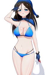 Rule 34 | 1girl, bikini, black hair, blue bikini, blue capelet, blue eyes, blue gloves, blue hat, blue santa costume, blush, breasts, capelet, christmas, cleavage, commentary request, cowboy shot, earlobe1514366, fur-trimmed capelet, fur-trimmed gloves, fur trim, girls und panzer, girls und panzer gekijouban, gloves, groin, half-closed eyes, halterneck, hand on own head, hat, highres, holding, holding sack, large breasts, long hair, looking at viewer, multi-strapped bikini, navel, nonna (girls und panzer), official alternate costume, parted lips, partial commentary, sack, santa costume, santa gloves, santa hat, simple background, solo, standing, string bikini, swept bangs, swimsuit, white background