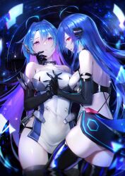 Rule 34 | 2girls, ahoge, armpit crease, ass, azur lane, back cutout, bare shoulders, black footwear, black gloves, black panties, black thighhighs, blue hair, boots, breasts, clothing cutout, dual persona, elbow gloves, gloves, hand on another&#039;s face, helena (azur lane), helena (meta) (azur lane), highres, holding hands, interlocked fingers, kai (ootamuno12), long hair, looking at another, looking at viewer, medium breasts, multicolored hair, multiple girls, panties, purple eyes, purple hair, red eyes, tabard, thigh boots, thighhighs, thighs, two-tone hair, underwear