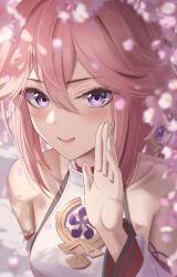 Rule 34 | 1girl, bare shoulders, blurry, blurry foreground, breasts, brooch, cherry blossoms, depth of field, detached sleeves, earrings, flower, genshin impact, hand up, highres, japanese clothes, jewelry, long hair, long sleeves, looking at viewer, marinesnow, open mouth, pink flower, pink hair, purple eyes, smile, solo, wide sleeves, yae miko