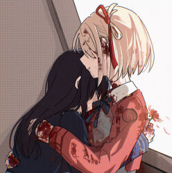 Rule 34 | 2girls, black hair, blonde hair, blood, blood in hair, blood on clothes, blood on face, blood on hands, blue dress, commentary request, dress, flower, hair ribbon, hands on another&#039;s back, head on chest, highres, holding, holding flower, hug, inoue takina, long hair, lycoris recoil, lycoris uniform, masaru (kises j), medium hair, multiple girls, nishikigi chisato, one side up, parted lips, red dress, red flower, red ribbon, ribbon, spider lily, upper body
