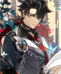 Rule 34 | 1boy, black choker, black hair, black shirt, cape, chain, choker, closed mouth, collared shirt, earrings, expressionless, flower, fur-trimmed cape, fur trim, genshin impact, green flower, grey eyes, grey vest, highres, jewelry, leaf, looking at viewer, male focus, multicolored hair, multiple earrings, necktie, red cape, red hair, red necktie, shirt, solo, suyako (suya93), vest, white flower, wriothesley (genshin impact)