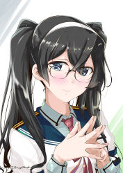 Rule 34 | 1girl, alternate hairstyle, black hair, blue eyes, blue sailor collar, blue shirt, blush, closed mouth, collared shirt, glasses, hair between eyes, kantai collection, long hair, long sleeves, mikage takashi, necktie, ooyodo (kancolle), red necktie, sailor collar, school uniform, serafuku, shirt, solo, twintails, twitter username, upper body