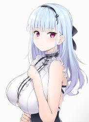 Rule 34 | 1girl, anchor, azur lane, bare arms, bare shoulders, blue hair, blush, breasts, center frills, closed mouth, clothing cutout, commentary request, dido (azur lane), frills, gradient background, grey background, hand on own chest, hand up, highres, kohakope, large breasts, long hair, looking at viewer, looking to the side, purple eyes, shirt, sleeveless, sleeveless shirt, solo, underboob cutout, upper body, white shirt