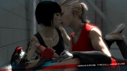 Rule 34 | 1boy, 2girls, 3d, animated, animated gif, bisexual female, black hair, blonde hair, closed eyes, facial tattoo, faith connors, handjob, kiss, mirror&#039;s edge, multiple girls, penis, ponytail, pov, shoes, sneakers, tank top, tattoo, teamwork, the doll warehouse, uncensored