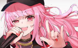 Rule 34 | 1girl, absurdres, baseball cap, black hat, commentary, english commentary, fangs, floating hair, hat, highres, holding, holding microphone, hololive, hololive english, long hair, m/, microphone, mori calliope, mori calliope (streetwear), nail polish, pink eyes, pink hair, portrait, red nails, shuuzo3, smile, solo, sweat, virtual youtuber, white background