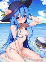 Rule 34 | 1girl, bare arms, bare legs, bare shoulders, barefoot, bikini, black hat, blue hair, blush, breasts, closed mouth, collarbone, day, food, fruit, hair between eyes, hat, highres, hinanawi tenshi, jewelry, long hair, necklace, peach, red eyes, rock, small breasts, smile, solo, swimsuit, touhou, twitter username, water, white bikini, yoshinatsu