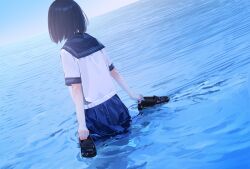 Rule 34 | 1girl, dutch angle, from behind, highres, ocean, original, partially submerged, school uniform, serafuku, shoes, unworn shoes, short hair, solo, wading, water