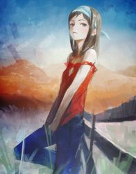 Rule 34 | 1girl, bandana, bare shoulders, blouse, blue eyes, brown hair, cleavage cutout, clothing cutout, day, eyelashes, from side, highres, looking away, nababa, original, outdoors, red shirt, shirt, short hair, solo, standing, standing on one leg