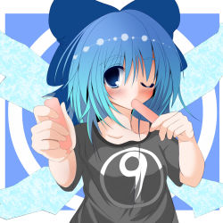 Rule 34 | circled 9, 1girl, alternate costume, blue eyes, blue hair, blush, bow, cirno, food, giving, hair bow, matching hair/eyes, one eye closed, popsicle, religious offering, shirt, short hair, solo, sukage, t-shirt, touhou, upper body, wings, wink
