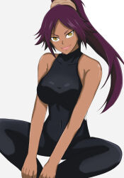 1girl bare_shoulders bleach breasts collarbone dark-skinned_female dark_skin female_focus hair_ornament highres large_breasts long_hair looking_at_viewer open_mouth ponytail purple_hair shihouin_yoruichi simple_background sitting takashi_shiranui white_background yellow_eyes