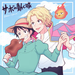 Rule 34 | 2boys, aqua dress, black eyes, blonde hair, calcifer, cape, cosplay, crossdressing, dress, earrings, eating, fire, food, freckles, hat, holding, holding food, holding hands, howl (howl no ugoku shiro), howl (howl no ugoku shiro) (cosplay), howl no ugoku shiro, jewelry, juliet sleeves, long sleeves, male focus, meat, monkey d. luffy, multiple boys, nightcat, one piece, open mouth, parody, portgas d. ace, puffy sleeves, sabo (one piece), shirt, sky, sophie (howl no ugoku shiro), sophie (howl no ugoku shiro) (cosplay), sophie hatter, straw hat, studio ghibli, teeth, upper body, white shirt