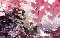 Rule 34 | 1girl, :d, afloat, black hair, black serafuku, black shirt, black skirt, blurry, blurry foreground, blush, cherry blossoms, commentary request, day, depth of field, flower, hair between eyes, highres, long hair, long sleeves, neckerchief, open mouth, original, outdoors, partially submerged, petals, petals on liquid, pink flower, pleated skirt, purple eyes, red neckerchief, school uniform, serafuku, shirt, skirt, smile, solo, very long hair, wet, wet hair, yuzua
