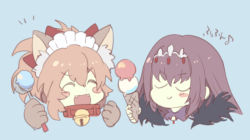 Rule 34 | 2girls, :d, animal ear fluff, animal ears, animal hands, bell, blue background, blush stickers, bow, brown hair, closed eyes, collar, double scoop, eighth note, fangs, fate/grand order, fate (series), feather trim, food, fox ears, gloves, hair between eyes, hair bow, headpiece, holding, holding food, ice cream, ice cream cone, ice cream scoop, jingle bell, kidhukaji, maid headdress, multiple girls, musical note, neck bell, open mouth, paw gloves, purple hair, red bow, red collar, scathach (fate), scathach skadi (fate), sidelocks, simple background, smile, tamamo (fate), tamamo cat (fate), translation request, v-shaped eyebrows