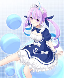 Rule 34 | 1girl, ahoge, anchor print, arm support, blue hair, blue ribbon, bow, braid, breasts, cleavage, cleavage cutout, closed mouth, clothing cutout, colored inner hair, commentary request, french braid, frilled skirt, frills, hair ribbon, hololive, ichimi, long hair, looking at viewer, maid headdress, medium breasts, minato aqua, minato aqua (1st costume), multicolored hair, neck ribbon, puffy short sleeves, puffy sleeves, purple eyes, purple hair, ribbon, short sleeves, sitting, skirt, smile, solo, twintails, two-tone hair, virtual youtuber, white bow, wrist cuffs