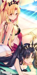 Rule 34 | :d, armlet, ass, barefoot, beach, beach mat, beach umbrella, bikini, black bikini, black hair, blonde hair, blush, breasts, cleavage, day, dya, earrings, ereshkigal (fate), fate/grand order, fate (series), gold, hair ribbon, highres, hoop earrings, ishtar (fate), ishtar (swimsuit rider) (fate), jewelry, large breasts, long hair, looking at viewer, lying, multiple girls, neck ring, ocean, on stomach, open mouth, outdoors, parted bangs, red eyes, red ribbon, ribbon, sand, sarong, sidelocks, sitting, small breasts, smile, sunlight, swimsuit, thighlet, tiara, two side up, umbrella, white bikini, yuya (night lily)