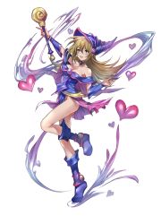 Rule 34 | &gt;:d, 1girl, :d, absurdres, bare shoulders, blonde hair, blue footwear, blush stickers, boots, breasts, choker, cleavage, dark magician girl, dress, duel monster, female focus, full body, green eyes, hair between eyes, hat, heart, highres, holding, holding staff, long hair, magical girl, maruchi, medium breasts, off-shoulder dress, off shoulder, open mouth, pentacle, showgirl skirt, simple background, skirt, smile, solo, staff, v-shaped eyebrows, vambraces, wizard hat, yu-gi-oh!