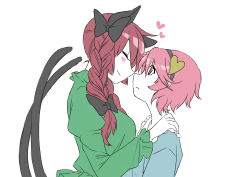 Rule 34 | 2girls, absurdres, animal ears, blush stickers, braid, cat ears, cat tail, closed eyes, dress, face-to-face, green dress, hairband, heart, highres, imminent kiss, juliet sleeves, kaenbyou rin, komeiji satori, long sleeves, looking at another, multiple girls, multiple tails, namauni, nekomata, pink eyes, pink hair, puffy sleeves, red hair, shirt, short hair, simple background, tail, touhou, twin braids, white background, yuri
