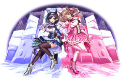 Rule 34 | 2girls, absurdres, adapted costume, alternate costume, animal ears, ascot, black hair, black thighhighs, blue eyes, blush, boots, breasts, buttons, cleavage, commentary request, cropped jacket, double-breasted, dress, ear covers, eishin flash (umamusume), elbow gloves, frilled dress, frills, full body, garter straps, gloves, hairband, high heels, highres, holding, holding microphone, horse ears, horse girl, horse tail, jacket, large breasts, leg up, light blush, looking at viewer, microphone, multiple girls, open mouth, outstretched hand, pantyhose, pink dress, pink footwear, pink gloves, pink jacket, puffy short sleeves, puffy sleeves, same kujira (challenger 310), short hair, short sleeves, single ear cover, smart falcon (umamusume), smile, speaker, stage, tail, teeth, thighhighs, twintails, umamusume, upper teeth only, white ascot, white gloves, white pantyhose, yellow eyes
