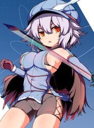 Rule 34 | 1girl, black bra, black shorts, blue background, blue headwear, bra, breasts, commentary request, gloves, grey hair, holding, holding sword, holding weapon, kredorf, kuruha (sequel awake), large breasts, looking to the side, open mouth, red eyes, red gloves, sequel (series), sequel awake, short hair, shorts, sideboob, skindentation, solo, sword, underwear, weapon
