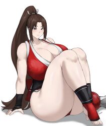 1girl bare_shoulders barefoot batako_(batakoart) breasts brown_eyes brown_hair female_focus hair_ornament highres huge_breasts ponytail shiny_skin shiranui_mai simple_background sitting the_king_of_fighters thick_thighs thighs white_background