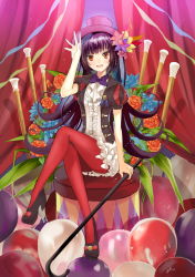 Rule 34 | 1girl, :d, bad id, bad pixiv id, balloon, black hair, brown eyes, hat, hayama eishi, holding, long hair, looking at viewer, mary janes, open mouth, original, pantyhose, puff and slash sleeves, puffy sleeves, red pantyhose, shoes, short sleeves, sitting, smile, solo, staff, top hat, very long hair