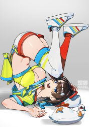 Rule 34 | 1girl, 1other, absurdres, backwards hat, bird, blue eyes, breasts, brown hair, cleavage, cropped shirt, duck, hat, highres, hololive, large breasts, looking at viewer, official alternate hairstyle, oozora subaru, oozora subaru (1st costume), signature, smile, stopwatch, stopwatch around neck, subaru duck, upside-down, virtual youtuber, watch, whistle, whistle around neck, yan jhia