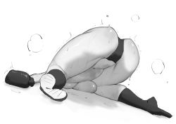 Rule 34 | 1girl, ass, ass focus, boxing gloves, breasts, gloves, greyscale, highres, monochrome, original, potepotepotechi, ryona, simple background, steam, sweat, top-down bottom-up, topless, trembling, underboob, wrestling outfit