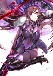 Rule 34 | 119, 1girl, bodysuit, boots, brown eyes, brown hairband, covered navel, dual wielding, fate/grand order, fate (series), hairband, headwear request, high heels, highres, holding, polearm, scathach (fate), scathach (fate), shoulder pads, solo, spear, thigh boots, thighhighs, weapon