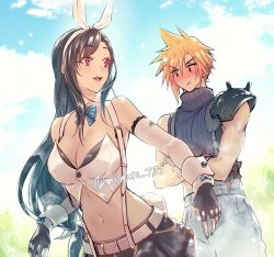 Rule 34 | 1boy, 1girl, animal ears, armor, baggy pants, bare shoulders, belt, black gloves, black hair, black skirt, blonde hair, blue bow, blue bowtie, blue sky, blurry, blurry background, blush, bow, bowtie, breasts, cleavage, closed mouth, cloud, cloud strife, cloudy sky, commentary request, cowboy shot, crop top, crossed arms, detached collar, detached sleeves, earrings, easter, fake animal ears, final fantasy, final fantasy vii, final fantasy vii ever crisis, fingerless gloves, gloves, jewelry, large breasts, long hair, looking at another, low-tied long hair, midriff, minato (ct 777), navel, official alternate costume, open mouth, pants, rabbit ears, rabbit tail, red eyes, short hair, shoulder armor, sidelocks, single bare shoulder, skirt, sky, sleeveless, sleeveless turtleneck, spiked hair, stud earrings, suspender skirt, suspenders, sweater, swept bangs, tail, tifa lockhart, tifa lockhart (bunny bustier), turtleneck, turtleneck sweater, twitter username, upper body, white sleeves