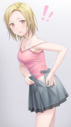 Rule 34 | !, !!, 1girl, bare arms, bare shoulders, blonde hair, bra strap, breasts, brown eyes, camisole, cleavage, cowboy shot, forehead, from side, fukadou magorona, gradient background, grey background, grey skirt, holding clothes, holding skirt, leaning forward, light blush, looking at viewer, looking to the side, medium breasts, miniskirt, open clothes, open skirt, original, panties, parted hair, parted lips, pink camisole, pleated skirt, short hair, skirt, solo, spaghetti strap, standing, strap slip, underwear, undressing, unzipping, white panties