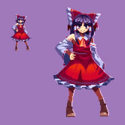 Rule 34 | 1girl, bow, commentary request, detached sleeves, dress, hair bow, hair tubes, hakurei reimu, hand on own hip, lowres, migel futoshi, multiple views, nontraditional miko, pixel art, short hair, smile, socks, touhou