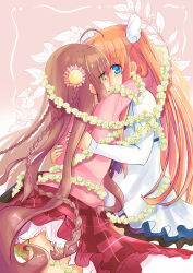 Rule 34 | 2girls, absurdres, ahoge, arms around neck, arms around waist, blue eyes, blush, braid, brown hair, canaca chiyuri, casual, commentary request, cowboy shot, dress, eye contact, eyes visible through hair, flower, flower wreath, frilled skirt, frills, from side, green eyes, hair flower, hair ornament, highres, hood, hoodie, hug, imminent kiss, jitome, kanbe kotori, long hair, long sleeves, looking at another, multiple girls, official alternate costume, ootori chihaya, orange hair, petticoat, pink background, pink flower, pink hoodie, plaid, plaid skirt, profile, red skirt, rewrite, short dress, simple background, skirt, sleeves past wrists, standing, straight hair, tareme, twin braids, two side up, very long hair, wavy hair, white dress, wing hair ornament, yuri