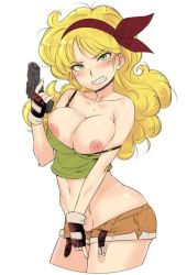 Rule 34 | 1girl, angry, belly, blonde hair, blush, breasts, breasts out, clenched teeth, dragon ball, eyebrows, green eyes, gun, hairband, large breasts, long hair, looking at viewer, lunch (dragon ball), nipples, shirt, shorts, simple background, solo, stomach, teeth, weapon, white background
