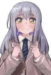 Rule 34 | 1girl, absurdres, bang dream!, blush, buttons, cardigan, collar, crying, crying with eyes open, grey hair, highres, long hair, looking at viewer, minato yukina, necktie, pocari (sq551), solo, striped, striped necktie, striped neckwear, tears, yellow eyes