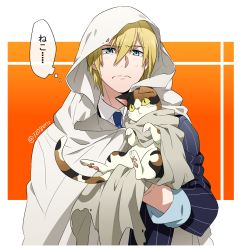 Rule 34 | 10s, 1672, 1boy, bad id, bad pixiv id, blonde hair, blue eyes, blue necktie, calico, carrying, cat, collared shirt, frown, hair between eyes, hood, male focus, necktie, personification, shirt, sleeves rolled up, solo, sweat, touken ranbu, translation request, yamanbagiri kunihiro