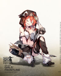 Rule 34 | 1girl, bandaged arm, bandages, black jacket, black pants, breasts, character name, chinese commentary, chinese text, closed eyes, collarbone, copyright name, eyewear on head, fang, fang out, fingerless gloves, full body, girls&#039; frontline, gloves, green eyes, gun, highres, hood, hood up, hooded jacket, jacket, kinoshita neko, machine gun, medium hair, mpk (girls&#039; frontline), navel, official art, on floor, open clothes, open jacket, open mouth, pants, promotional art, red hair, safety glasses, shoes, simple background, small breasts, solo, submachine gun, torn clothes, torn jacket, torn pants, walther, walther mp, walther mp, weapon, white gloves