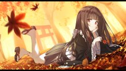 Rule 34 | 1girl, arm support, autumn, autumn leaves, black hair, black kimono, blunt bangs, closed mouth, commentary request, commission, floral print, forest, frilled sleeves, frills, geta, hand on own cheek, hand on own face, highres, japanese clothes, kimono, letterboxed, long hair, long sleeves, looking at viewer, lying, maid, nature, obi, obijime, okobo, on stomach, original, pleated skirt, red eyes, sandals, sash, schatten, skeb commission, skirt, smile, solo, tabi, thighhighs, torii, tree, very long hair, wa maid, white thighhighs, wide sleeves