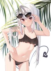 Rule 34 | 1girl, absurdres, arm up, armpits, bare arms, bare shoulders, bikini, black bikini, breasts, closed mouth, collarbone, contrapposto, cowboy shot, demon tail, expressionless, eyewear on head, frilled bikini, frills, gluteal fold, hand on own hip, highres, long hair, looking at viewer, medium breasts, memekko, navel, original, red eyes, side-tie bikini bottom, solo, standing, stomach, strap gap, string bikini, sunglasses, swimsuit, tail, thighs, twintails, underboob, very long hair, white hair